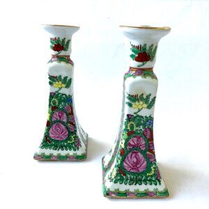 Vintage Hand-Painted Chinoiserie Candle Holders, Pair.